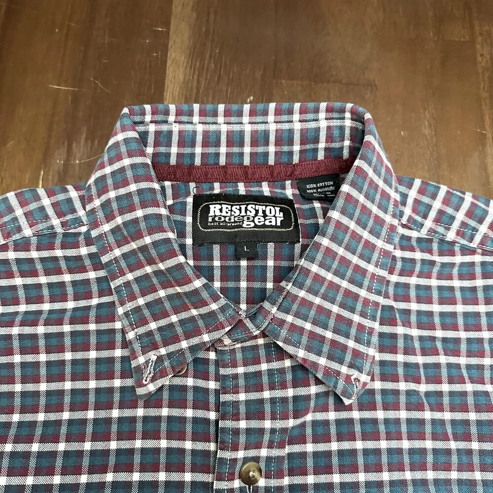 Vintage Resistol Rodeo Gear Shirt Mens Large Teal Red Plaid Western Cowboy 90s